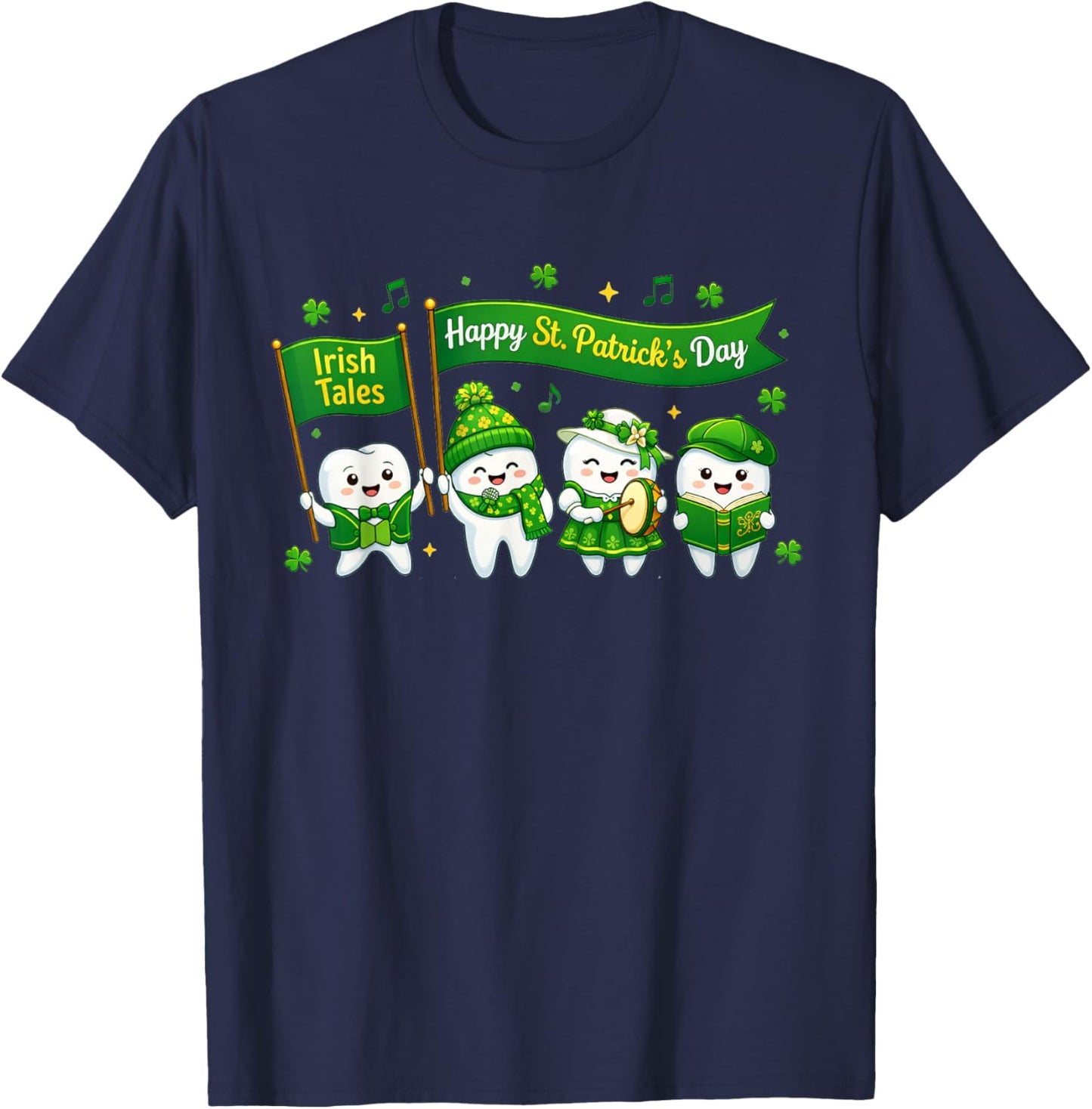 Happy st Patricks Day Dental Tooth Characters Irish Tales T-Shirt - T-Shirt | Navy