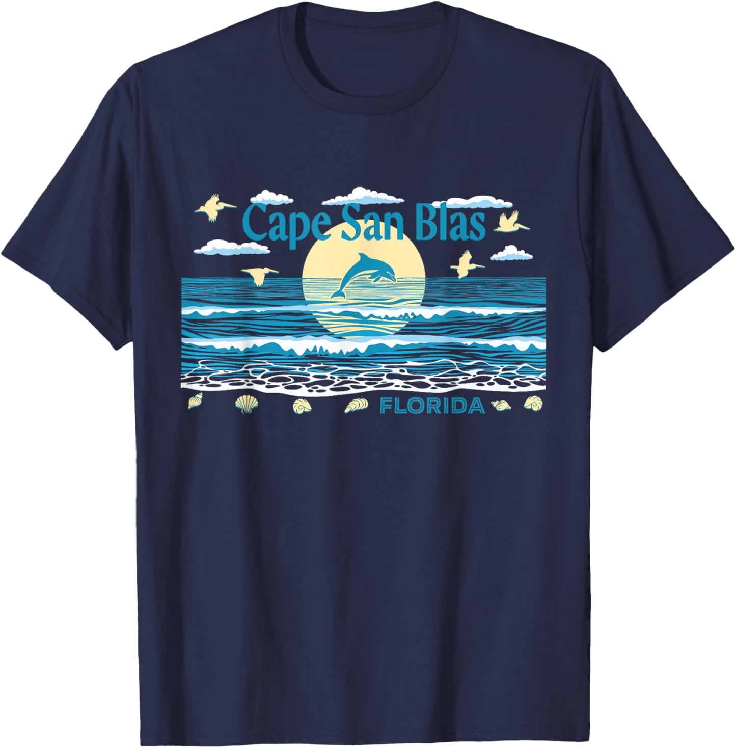 Cape San Blas FL Dolphin Pelican Waves Beach Vacation T-Shirt - T-Shirt | Navy