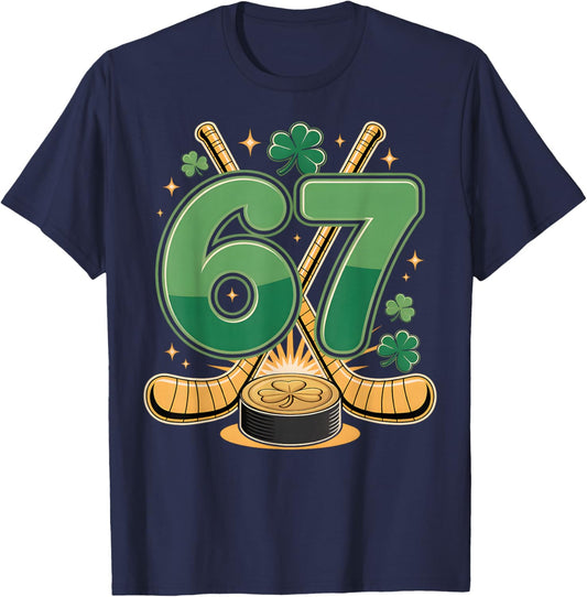 St Patricks Day Number 67 Hockey Lucky Shamrock Clover T-Shirt - T-Shirt | Navy