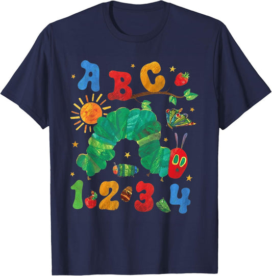 ABC Numbers Kids Cute Caterpillar Learning Alphabet T-Shirt - T-Shirt | Navy