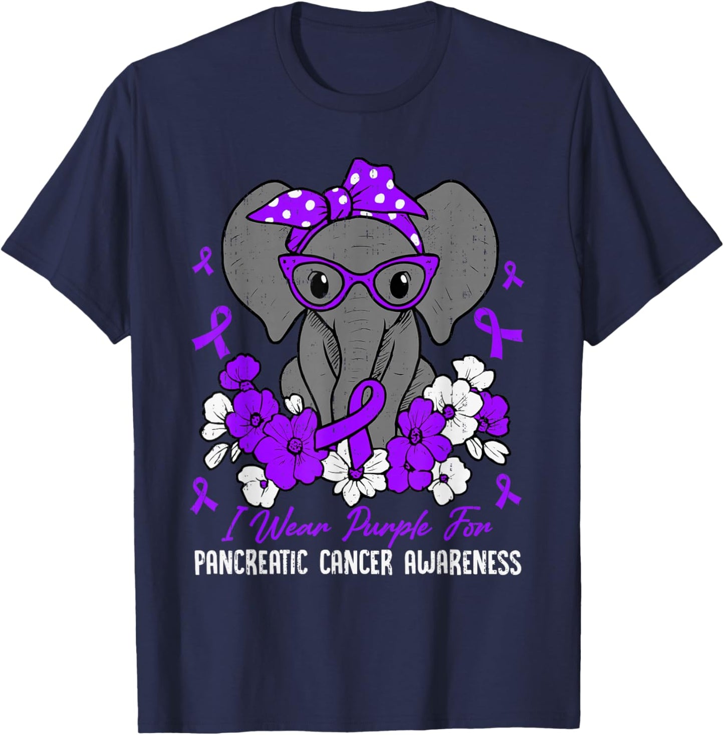 Pancreatic Cancer Awareness Elephant Ribbon Purple Support T-Shirt - T-Shirt | Navy