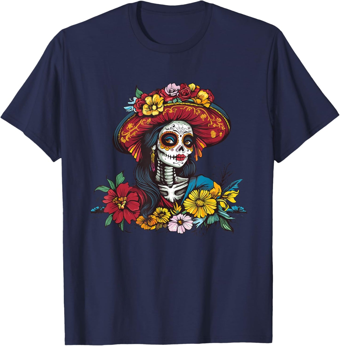 Day of The Dead Mexican Catrina Skull Floral Colorful T-Shirt - T-Shirt | Navy