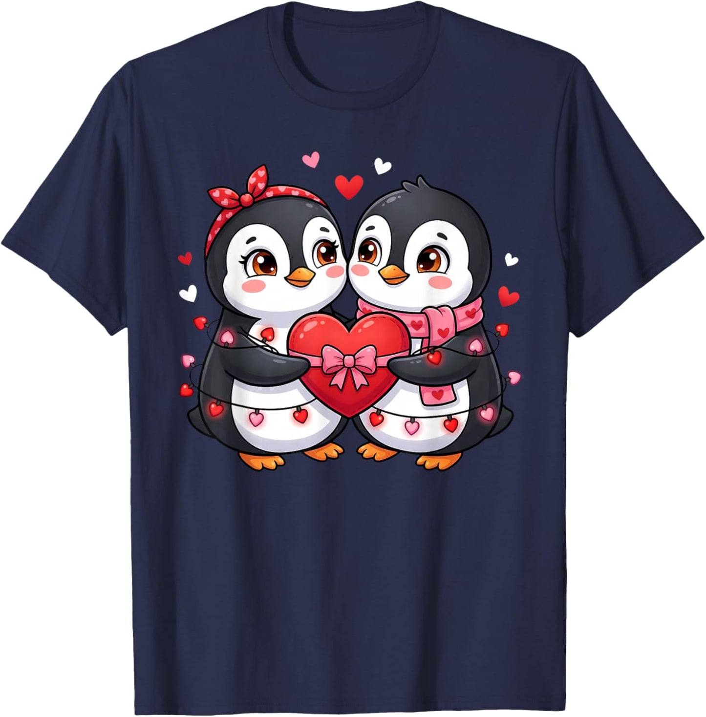 Cute Valentine Penguins Couple Holding Heart Love Graphic T-Shirt - T-Shirt | Navy