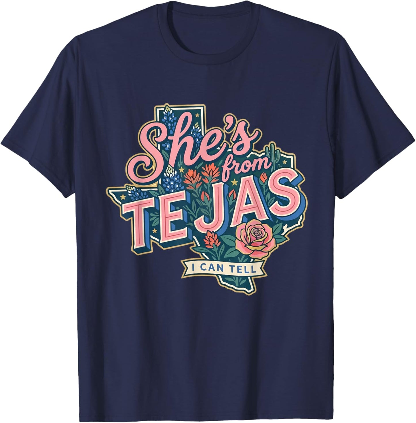 Retro Floral Funny She’s from Tejas I Can Tell Western Girly T-Shirt - T-Shirt | Navy