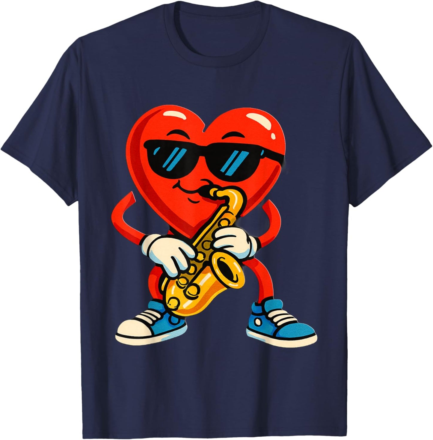 A Fun Cartoon RED Heart Playing Saxophone T-Shirt - T-Shirt | Navy