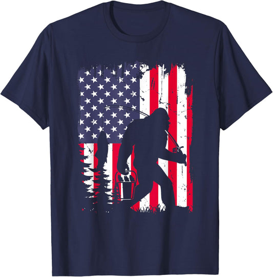 Funny Bigfoot Fishing American Flag USA Sasquatch Gift T-Shirt - T-Shirt | Navy