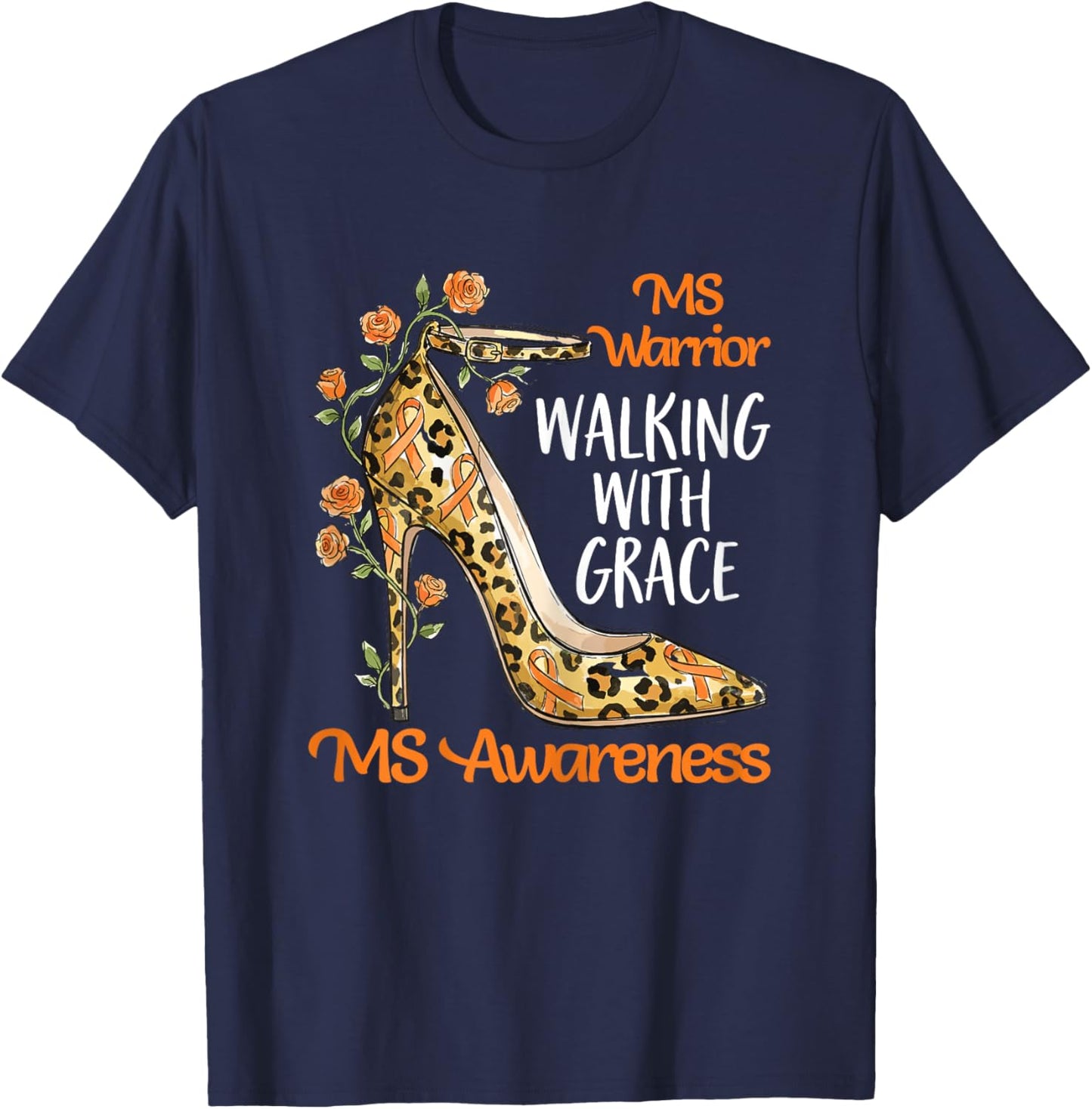 MS Warrior Walking with Grace Leopard Floral Orange Ribbon T-Shirt - T-Shirt | Navy