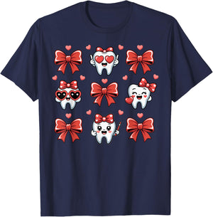Dental Valentines Day Teeth Coquette Bow Women Girls Kids T-Shirt - T-Shirt | Navy