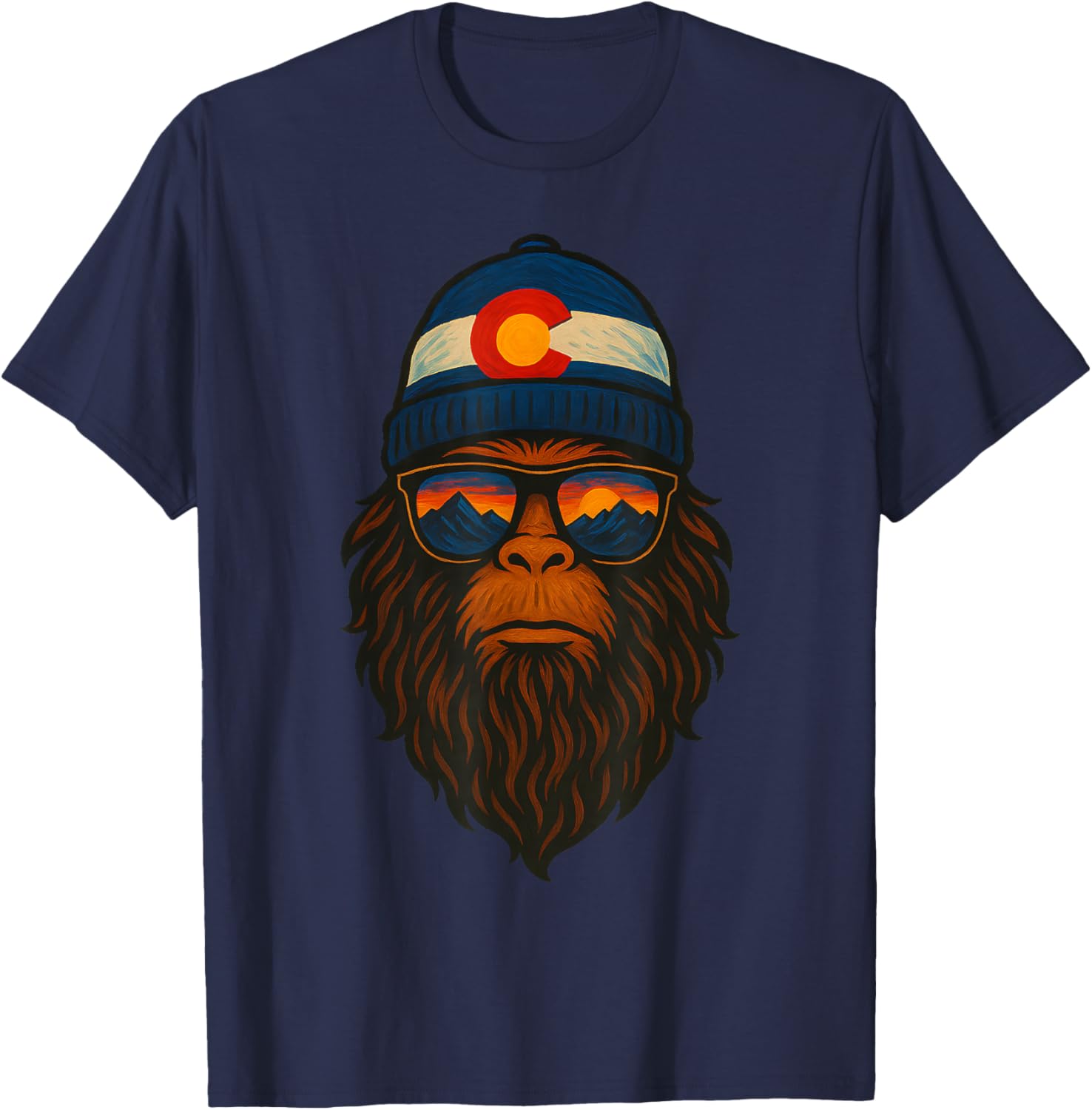 Colorado Sasquatch Beanie Sunset Mountain Bigfoot Art Retro T-Shirt - T-Shirt | Navy