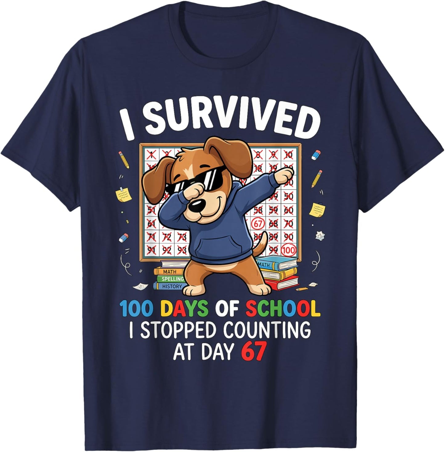 100 Days of School 67 Humor Dabbing Dog Students Teachers T-Shirt - T-Shirt | Navy