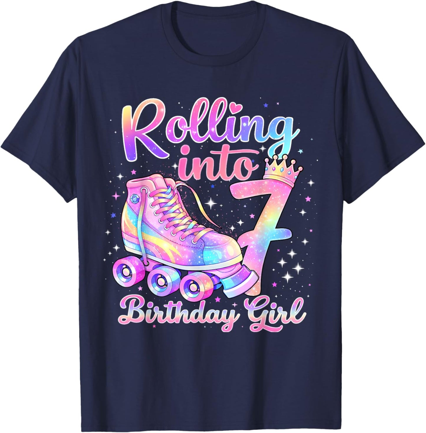 Rolling Into 7 Years Old Roller Skating Girl 7th Birthday T-Shirt - T-Shirt | Navy
