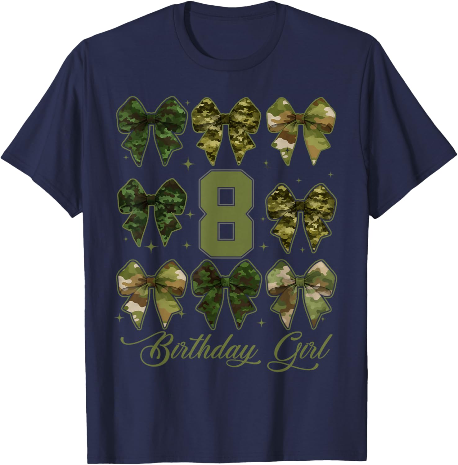 8th Birthday Girl Coquette Bows Camo 8 Year Old Birthday T-Shirt - T-Shirt | Navy