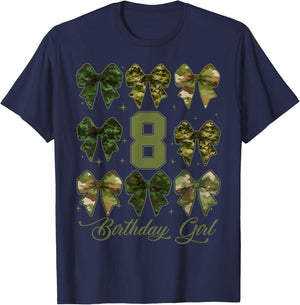 8th Birthday Girl Coquette Bows Camo 8 Year Old Birthday T-Shirt - T-Shirt | Navy
