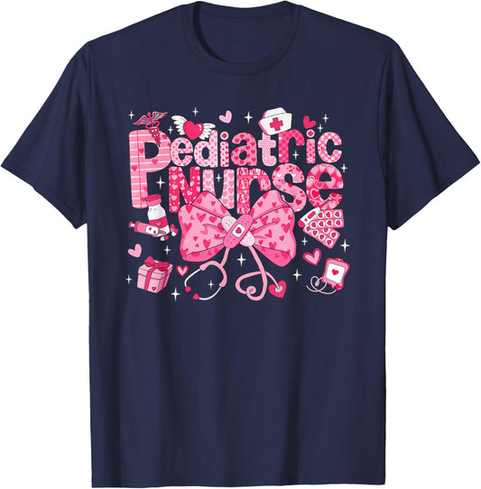 Pediatric Nurse Valentines Peds RN Heart Medical Bow T-Shirt - T-Shirt | Navy