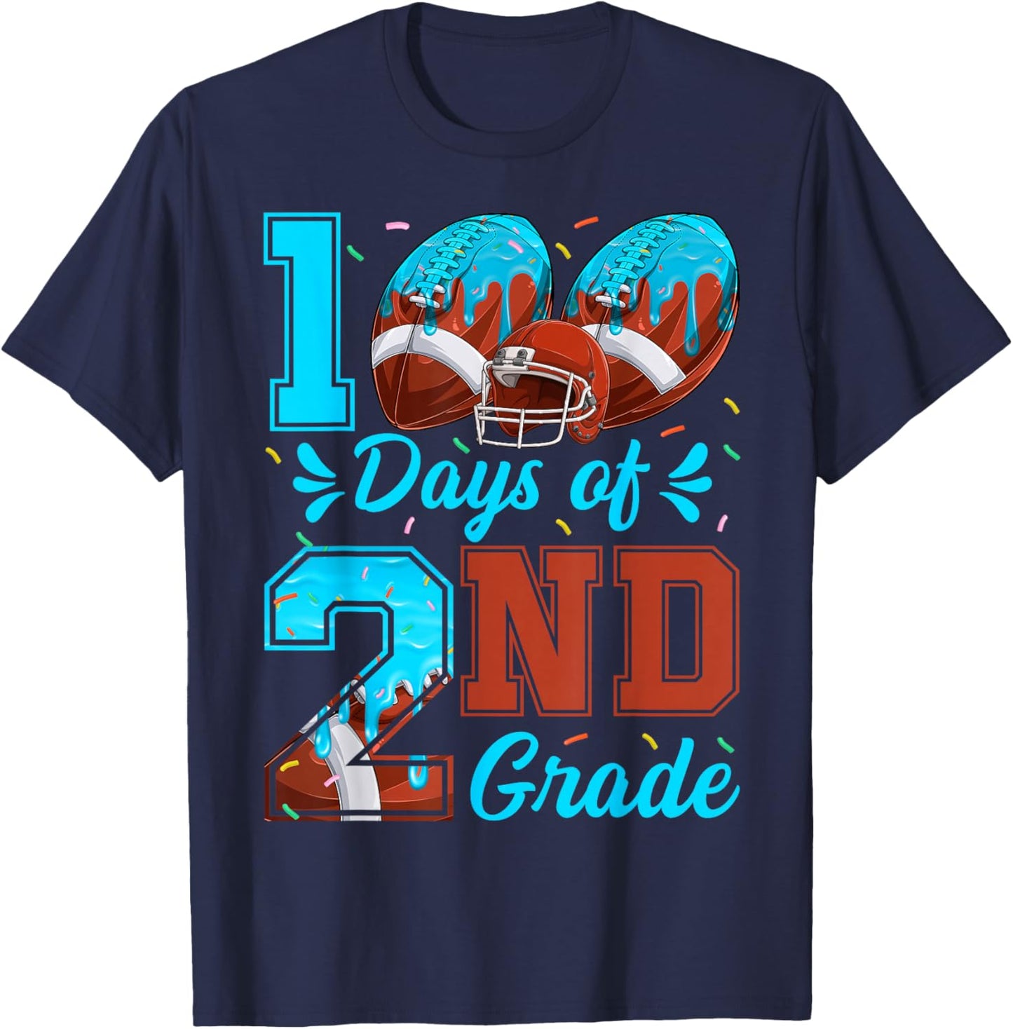 100 Days of 2nd Grade Football 100th Day of School Boys Kids T-Shirt - T-Shirt | Navy