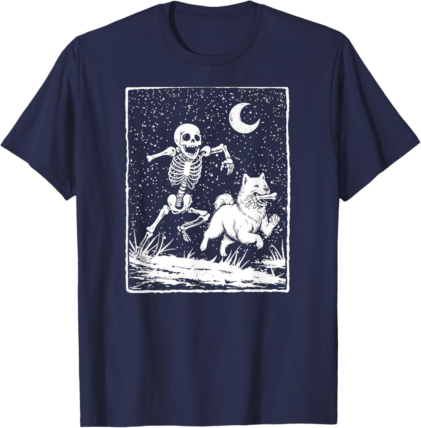 Skeleton Chasing Samoyed Dog – Spooky Halloween T-Shirt - T-Shirt | Navy