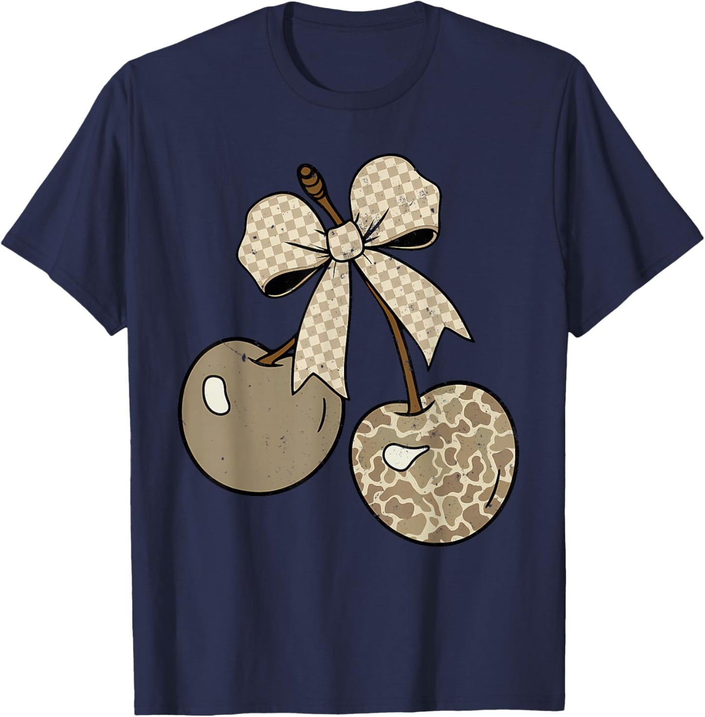 Retro Old School Camo Checkered Cherry Bow Cute Women Girls T-Shirt - T-Shirt | Navy