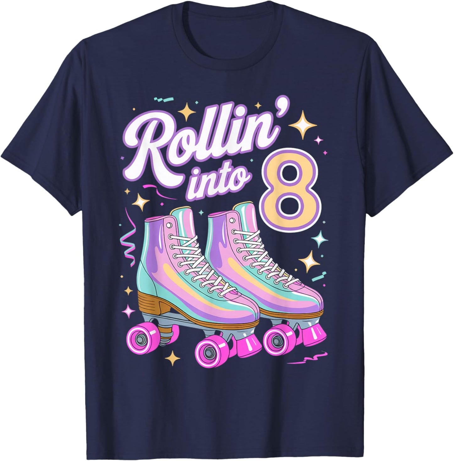Rollin' Into 8 Roller Skating 8th Birthday Roller Skater T-Shirt - T-Shirt | Navy