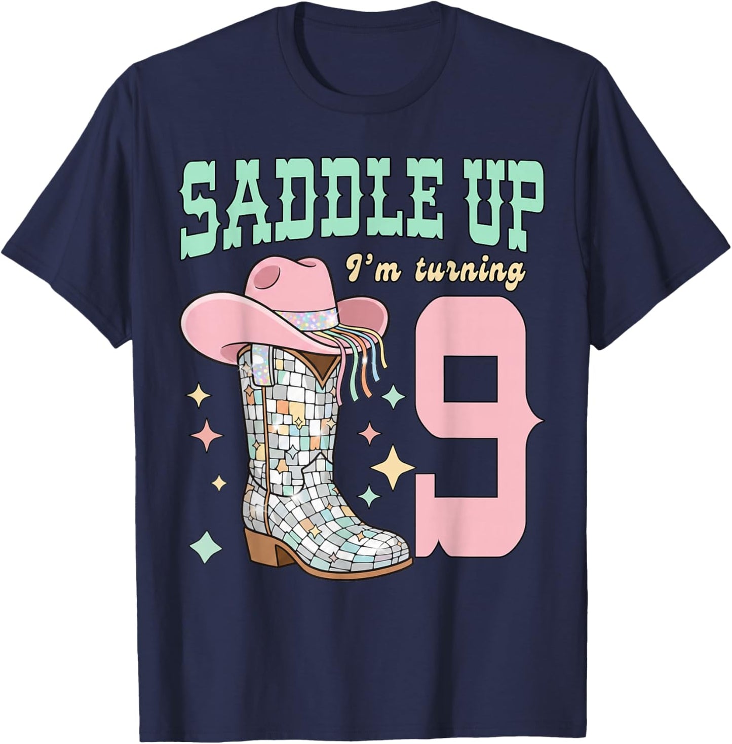 Saddle Up I’m Turning 9 Groovy Cowgirl Disco Western T-Shirt - T-Shirt | Navy
