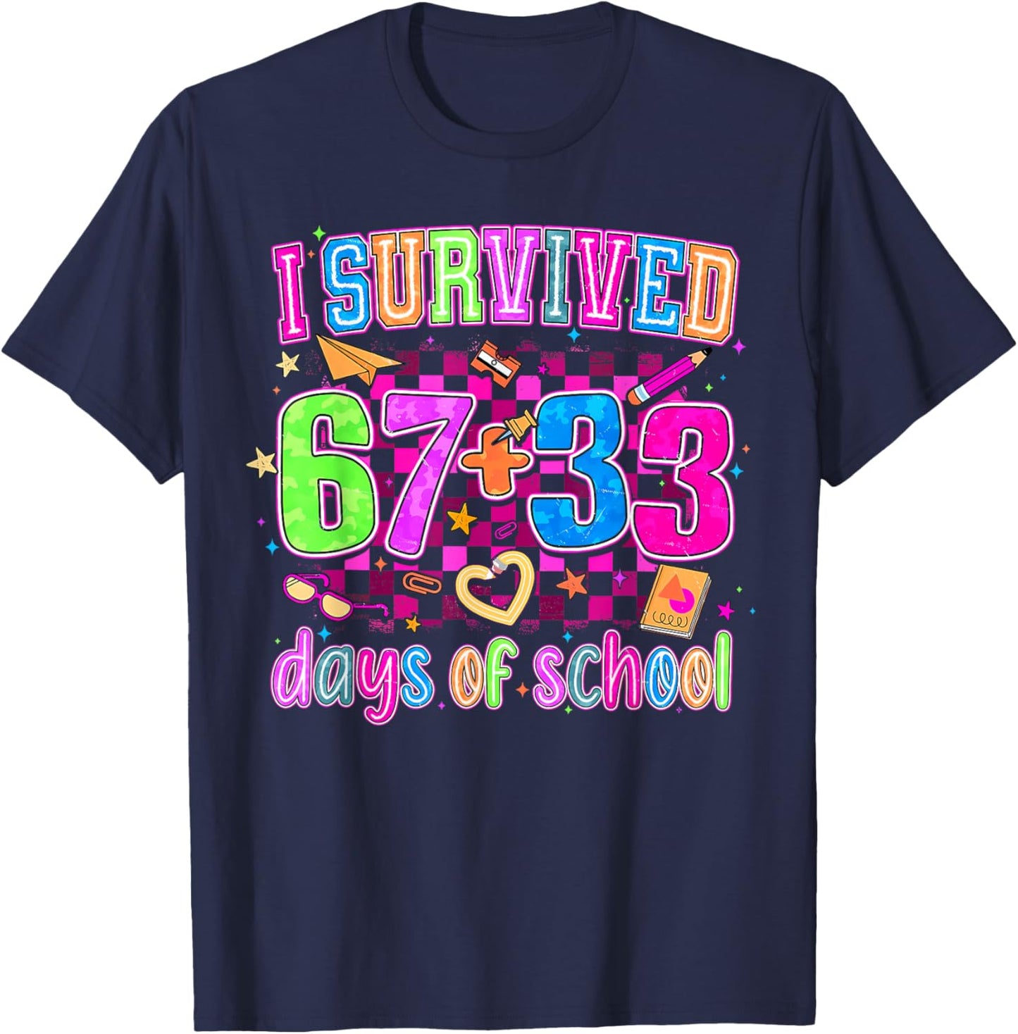 Preppy I Survived 67 + 33 100 Days of School Teacher Student T-Shirt - T-Shirt | Navy