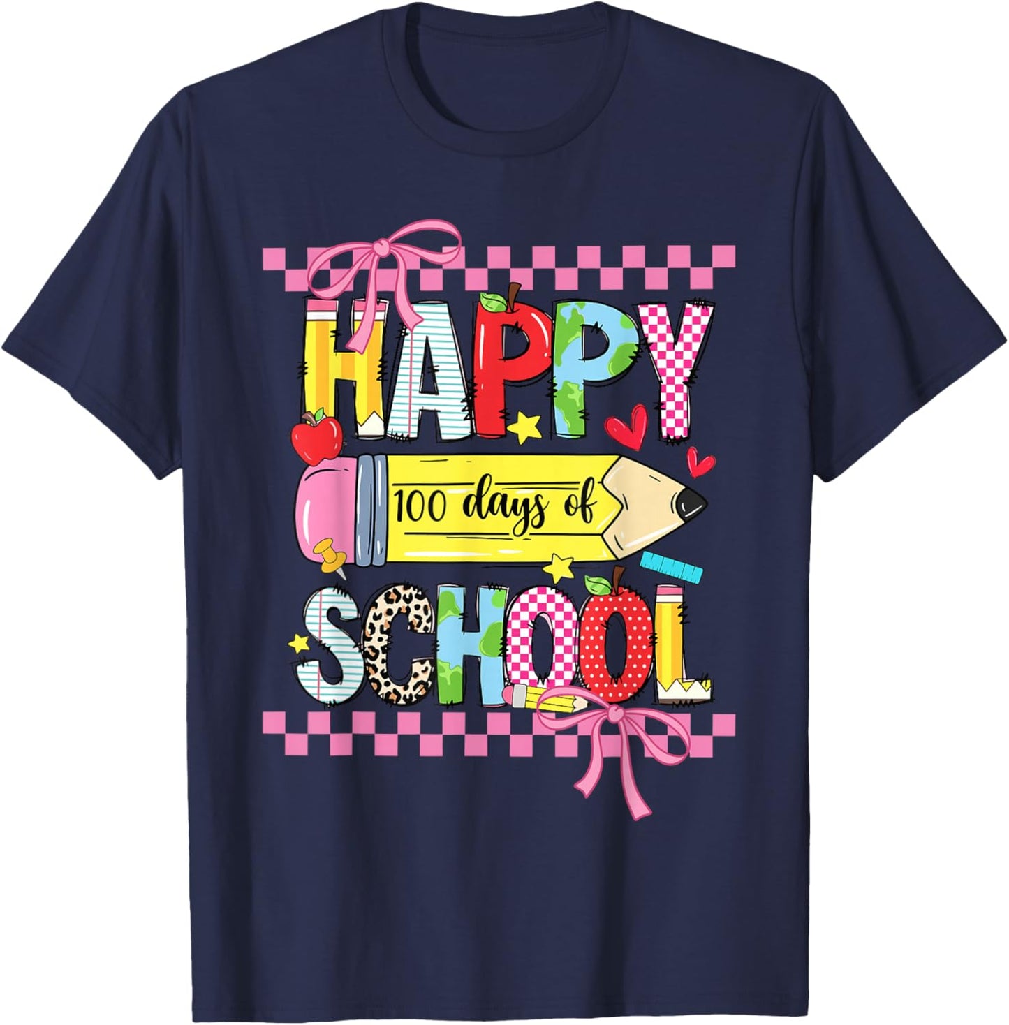 Happy 100th Day of School Teacher Girls Coquette Bow 100 Day T-Shirt - T-Shirt | Navy