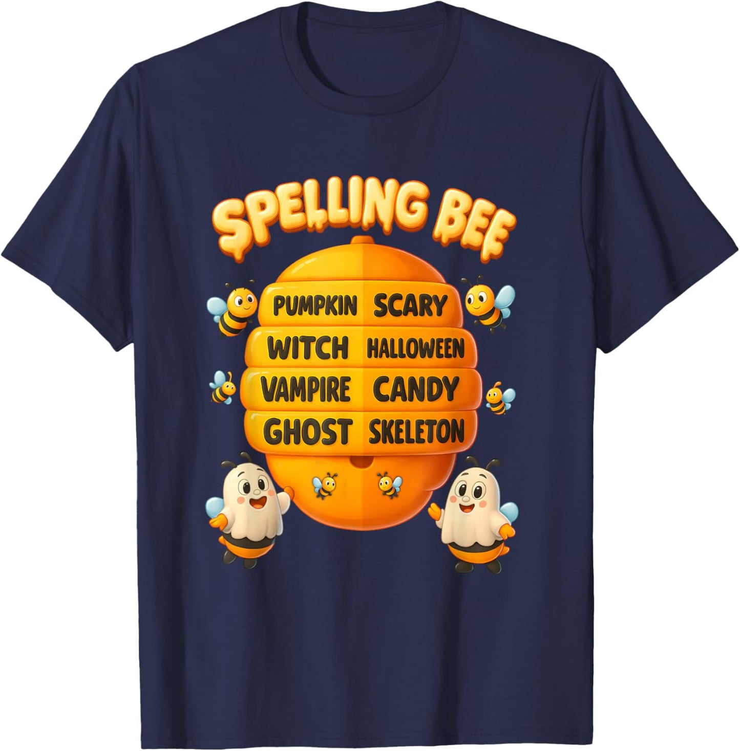 Halloween Spelling Bee Hive Pumpkin Vampire Ghost Skeleton T-Shirt - T-Shirt | Navy
