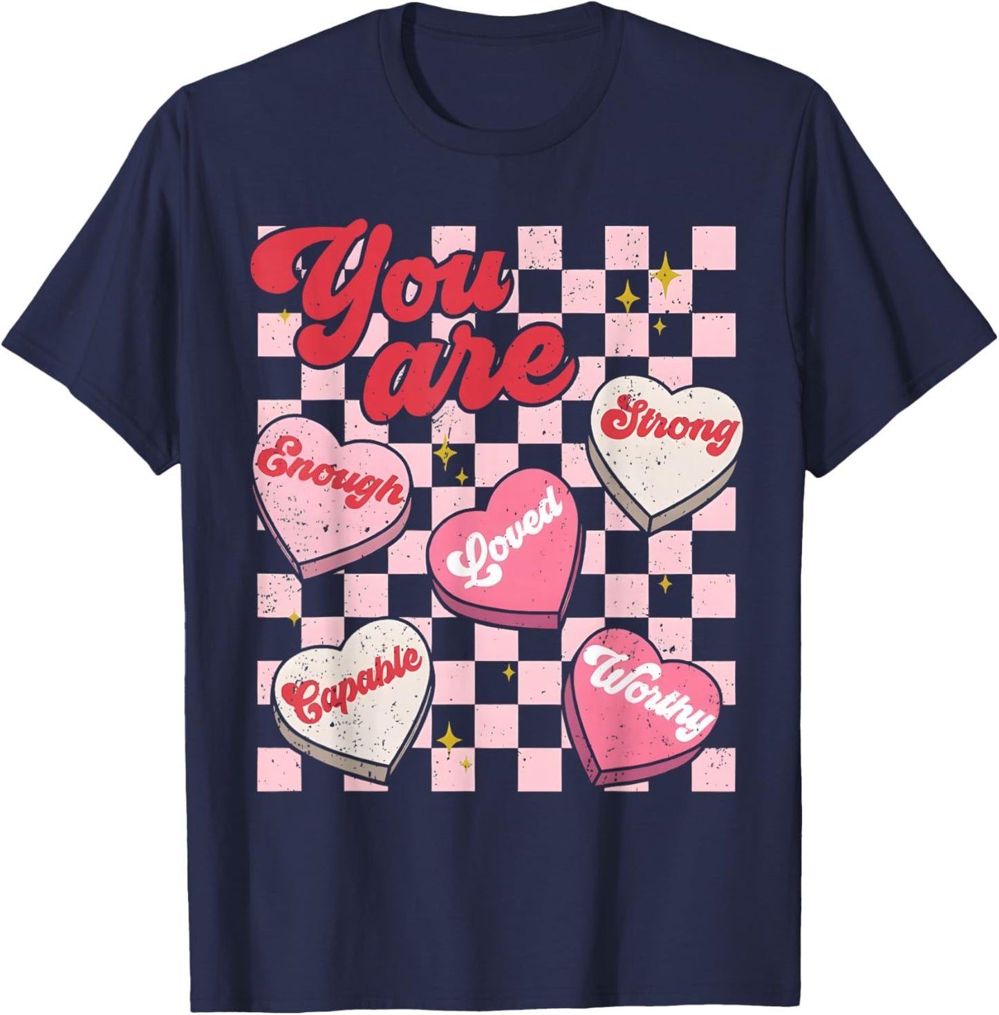 You are Enough Teacher Vintage Valentine Candy Heart Love T-Shirt - T-Shirt | Navy