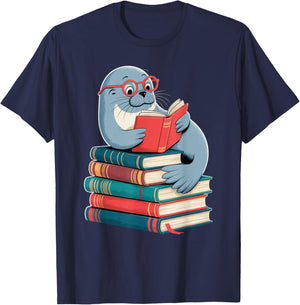 Cute Reading Seal on Books Funny Book Lover T-Shirt - T-Shirt | Navy