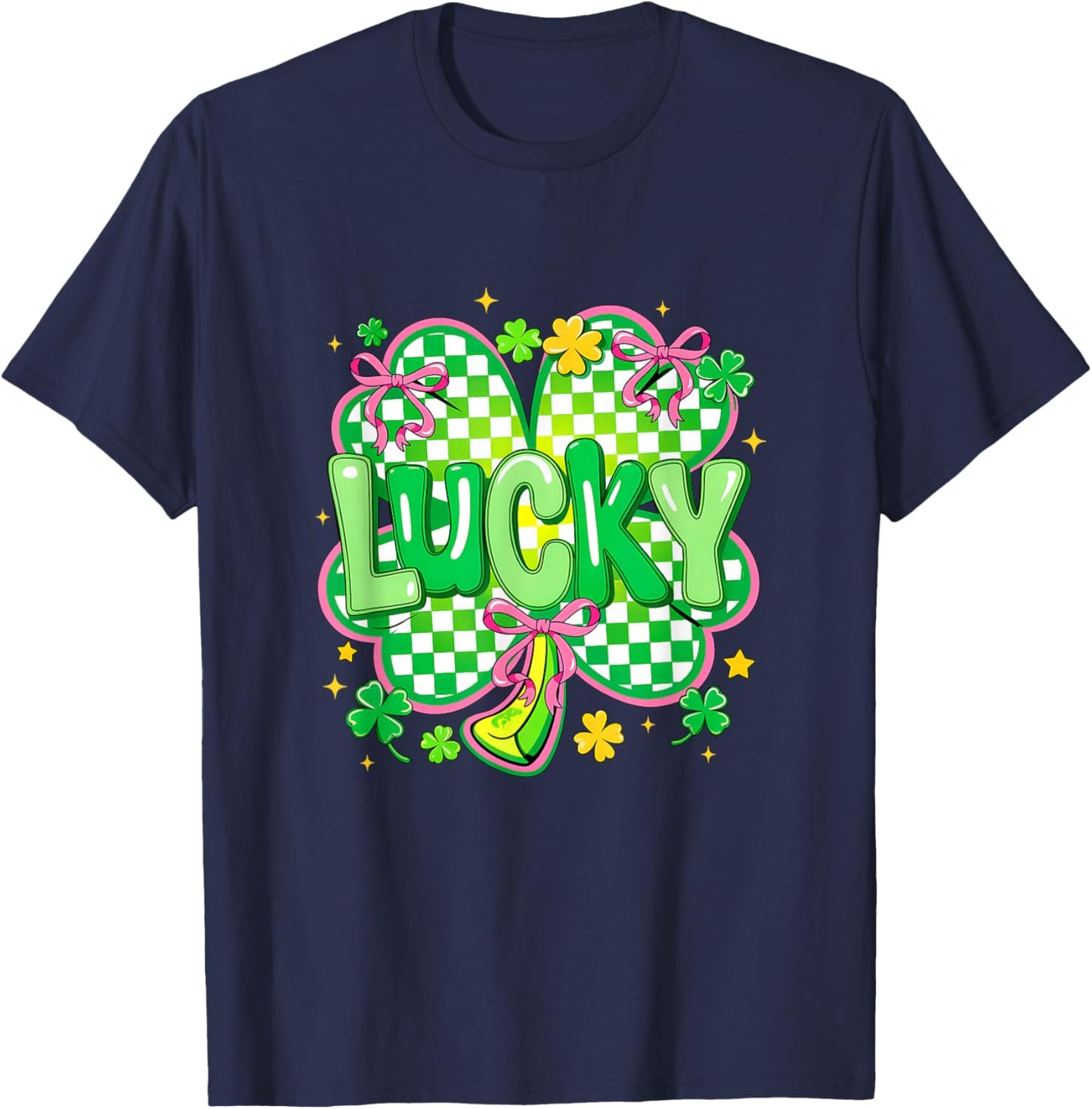 Lucky St Patrick's Day Preppy Coquette Lucky Irish Shamrock T-Shirt - T-Shirt | Navy