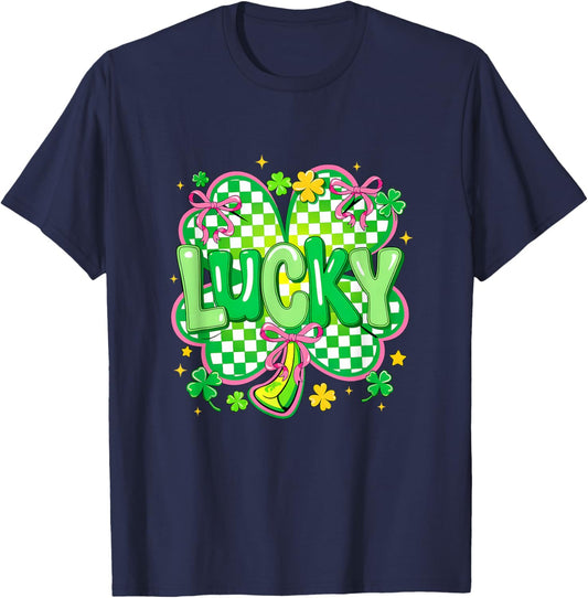 Lucky St Patrick's Day Preppy Coquette Lucky Irish Shamrock T-Shirt - T-Shirt | Navy