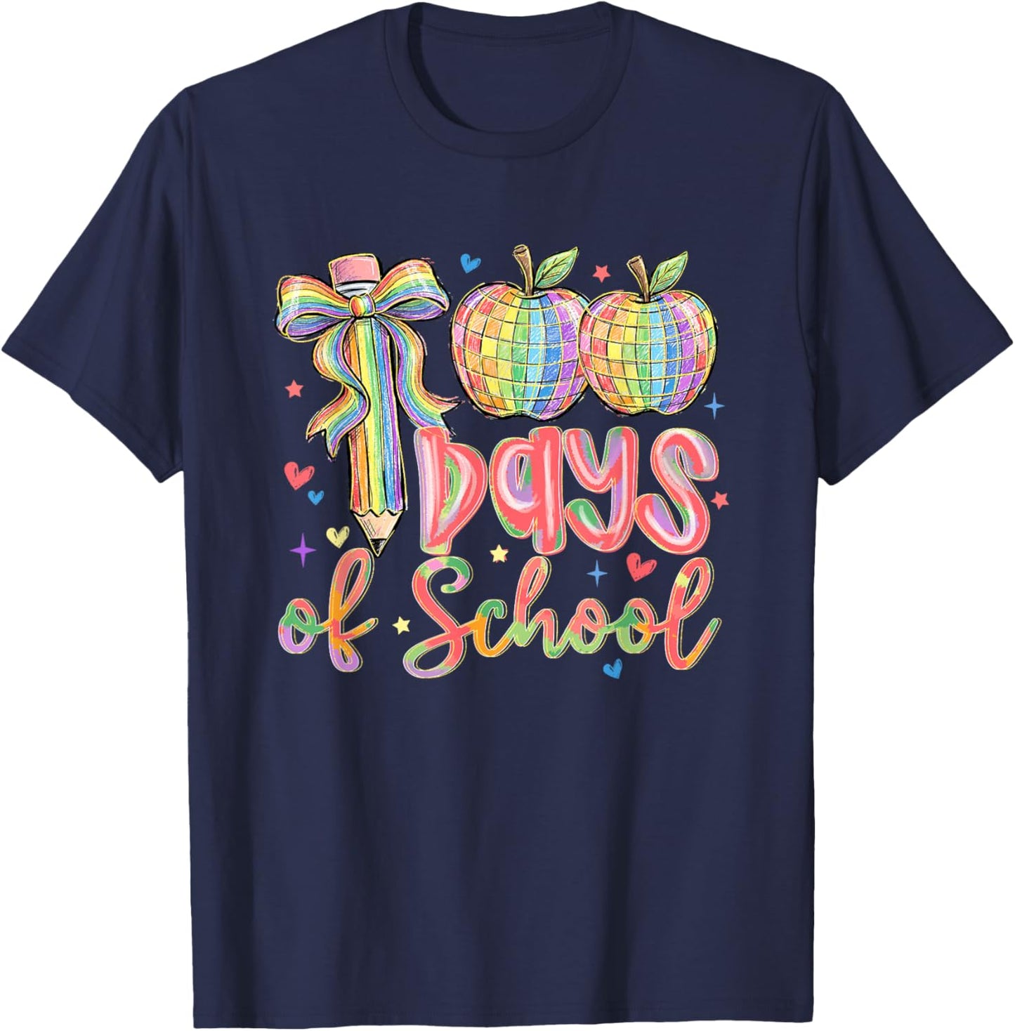 100 Days of School Pencil Bow Disco 100th Day Teacher Girls T-Shirt - T-Shirt | Navy