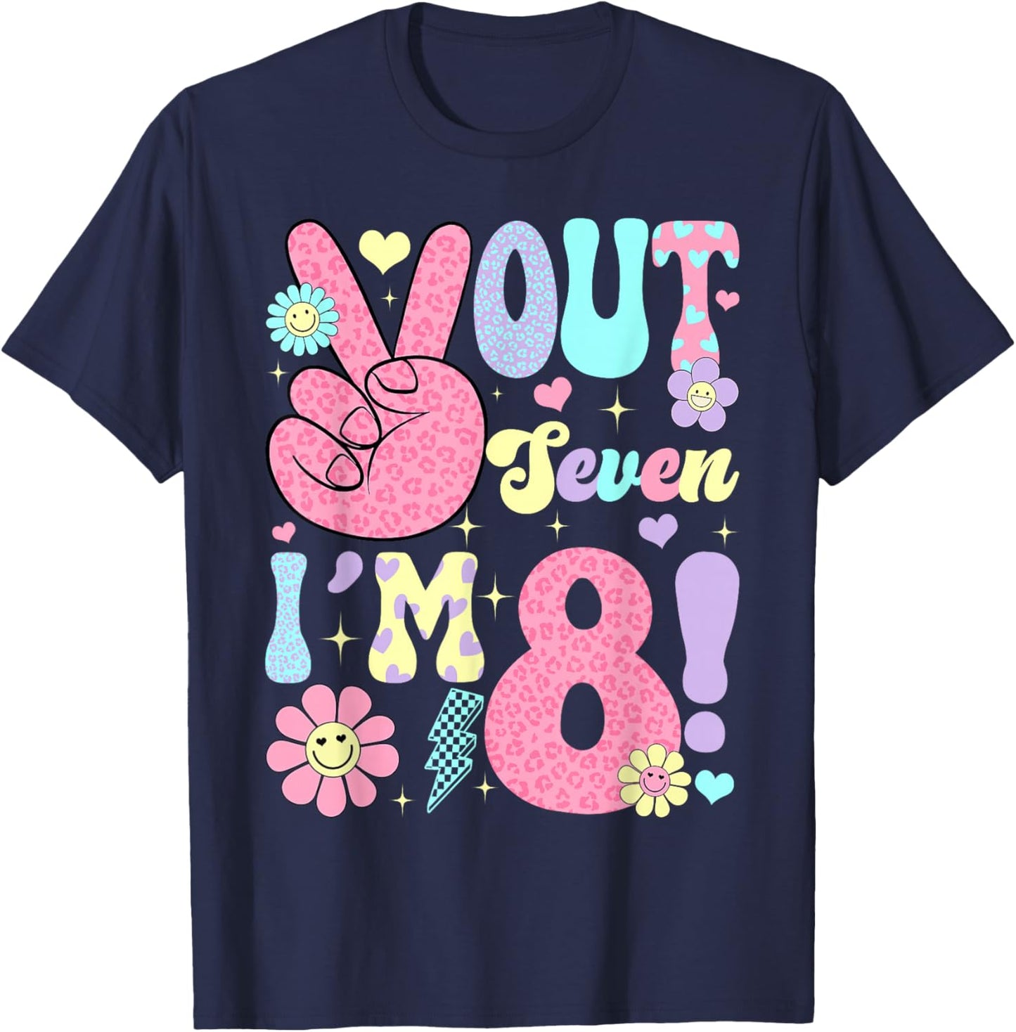 Groovy Peace Out Seven I'm 8 Years Old 8th Birthday Girls Ki T-Shirt - T-Shirt | Navy