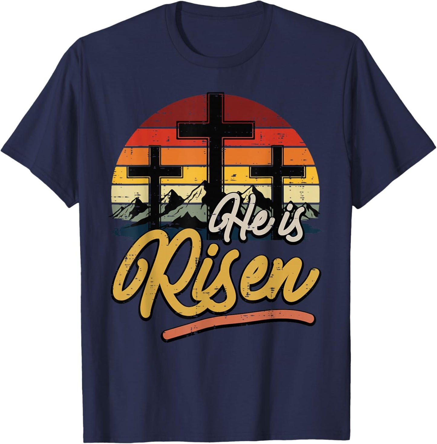 Easter Cross He is Risen Retro Jesus Christian Men Women Kid T-Shirt - T-Shirt | Navy
