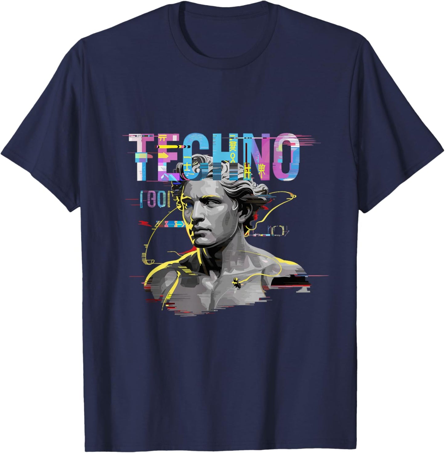 Futuristic Techno Statue Glitch Raver DJ Festival T-Shirt - T-Shirt | Navy