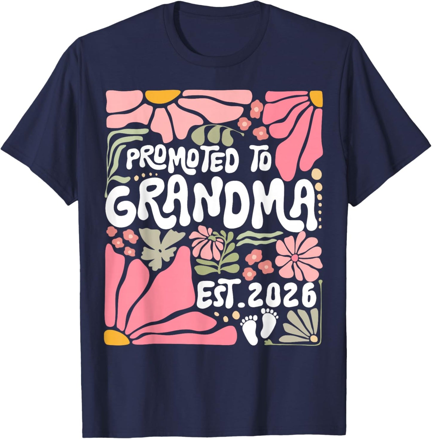 Promoted to Grandma Est. 2026 Boho Floral Grandmother Flower T-Shirt - T-Shirt | Navy