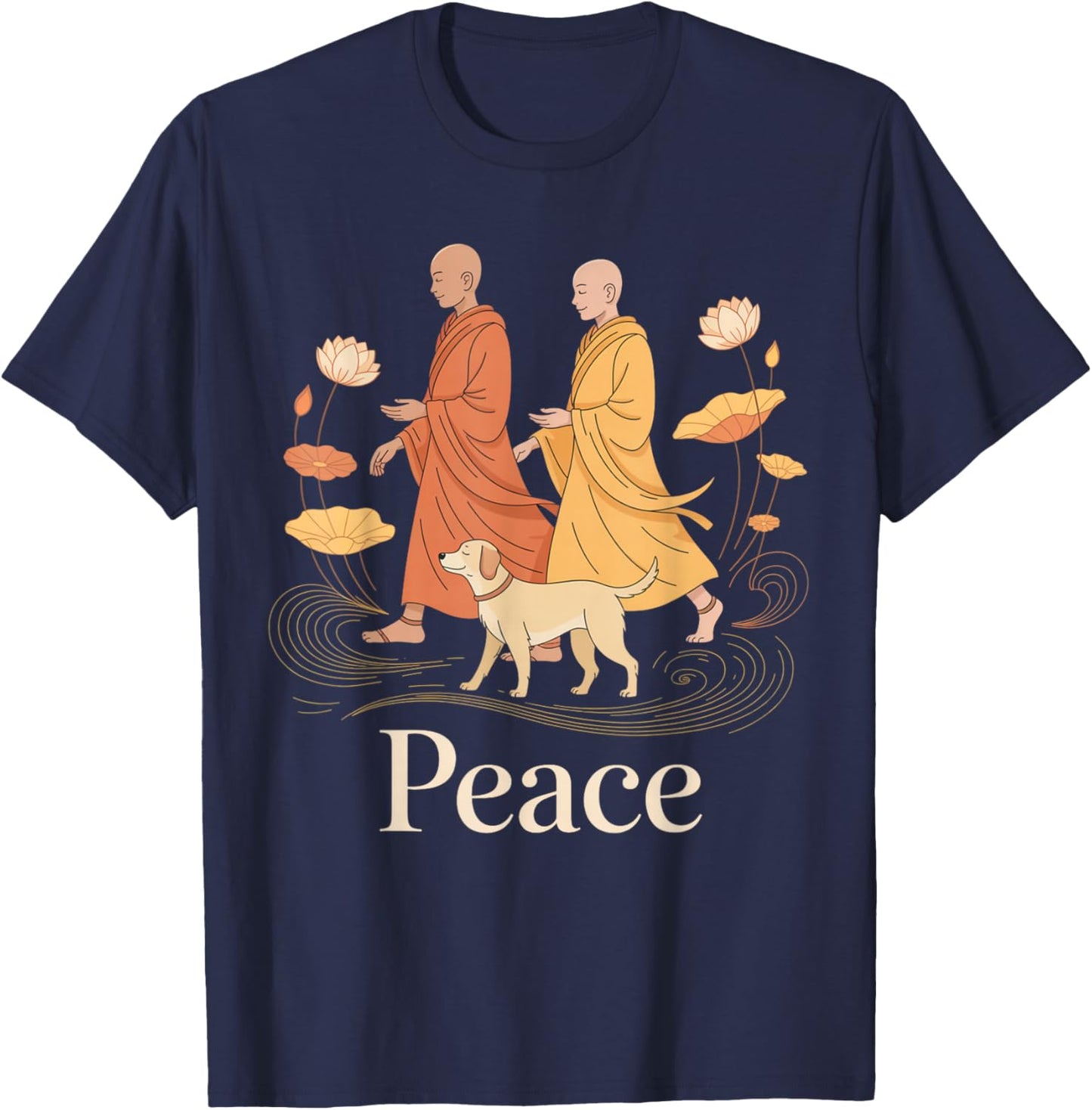 Peace Walking Monks Zen Calm Minimalist Art T-Shirt - T-Shirt | Navy