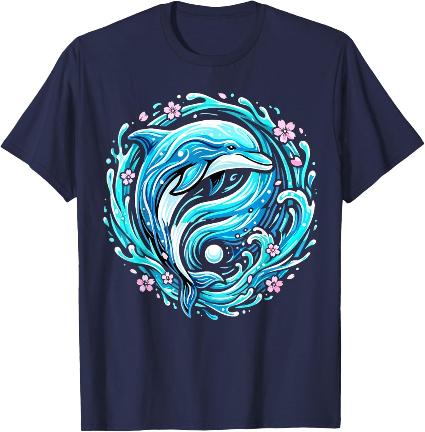 Cute Dolphin Ocean Wave Floral T-Shirt - T-Shirt | Navy