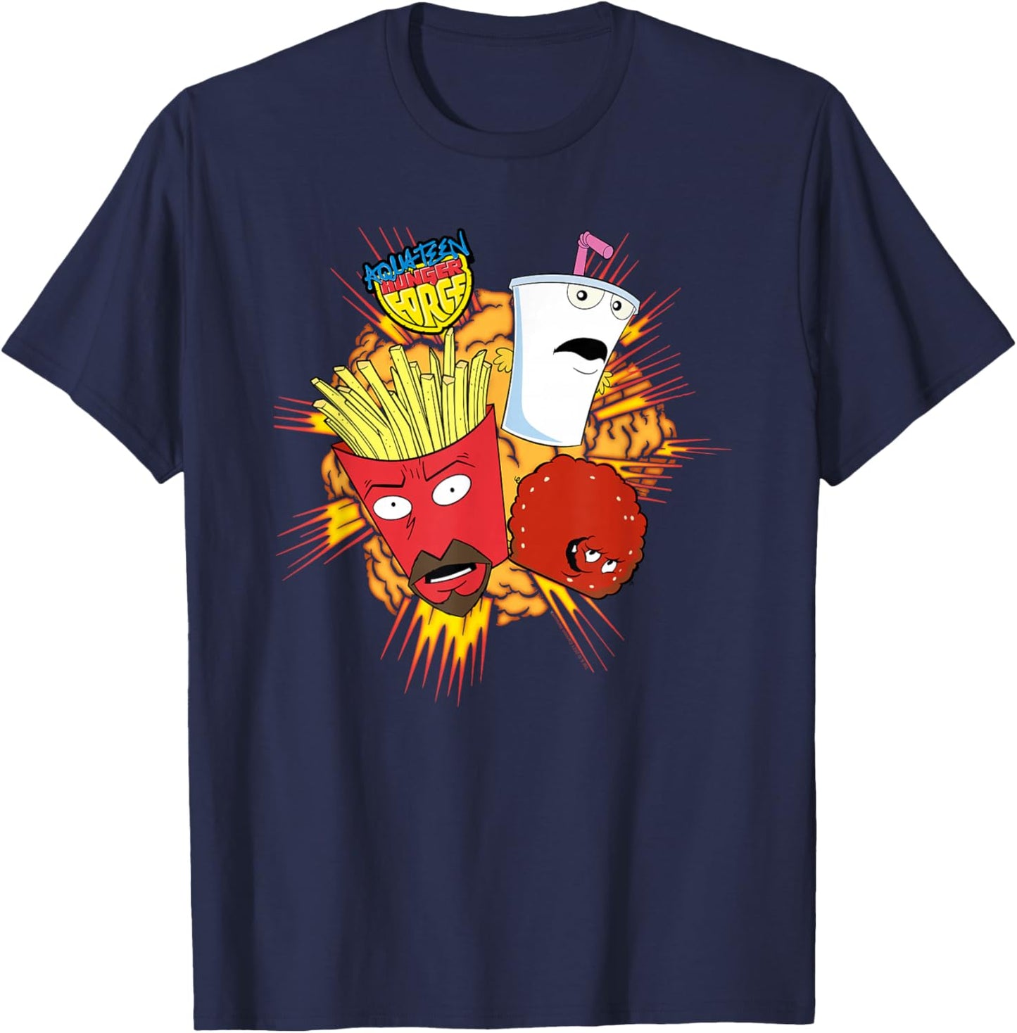 ATHF Frylock Shake Meatwad Explosion Funny Cartoon T-Shirt - T-Shirt | Navy