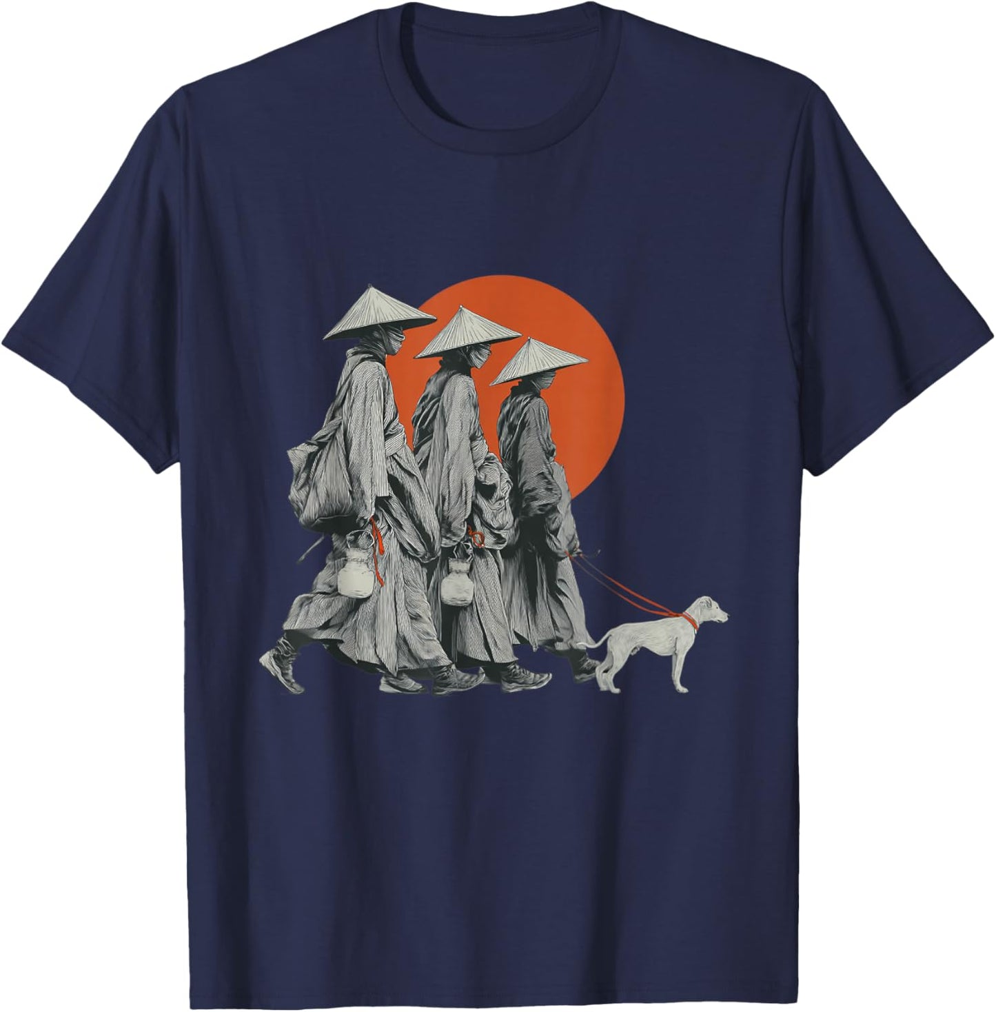 Walk for Peace Monks with Aloka Dog Minimalist Zen Art T-Shirt - T-Shirt | Navy