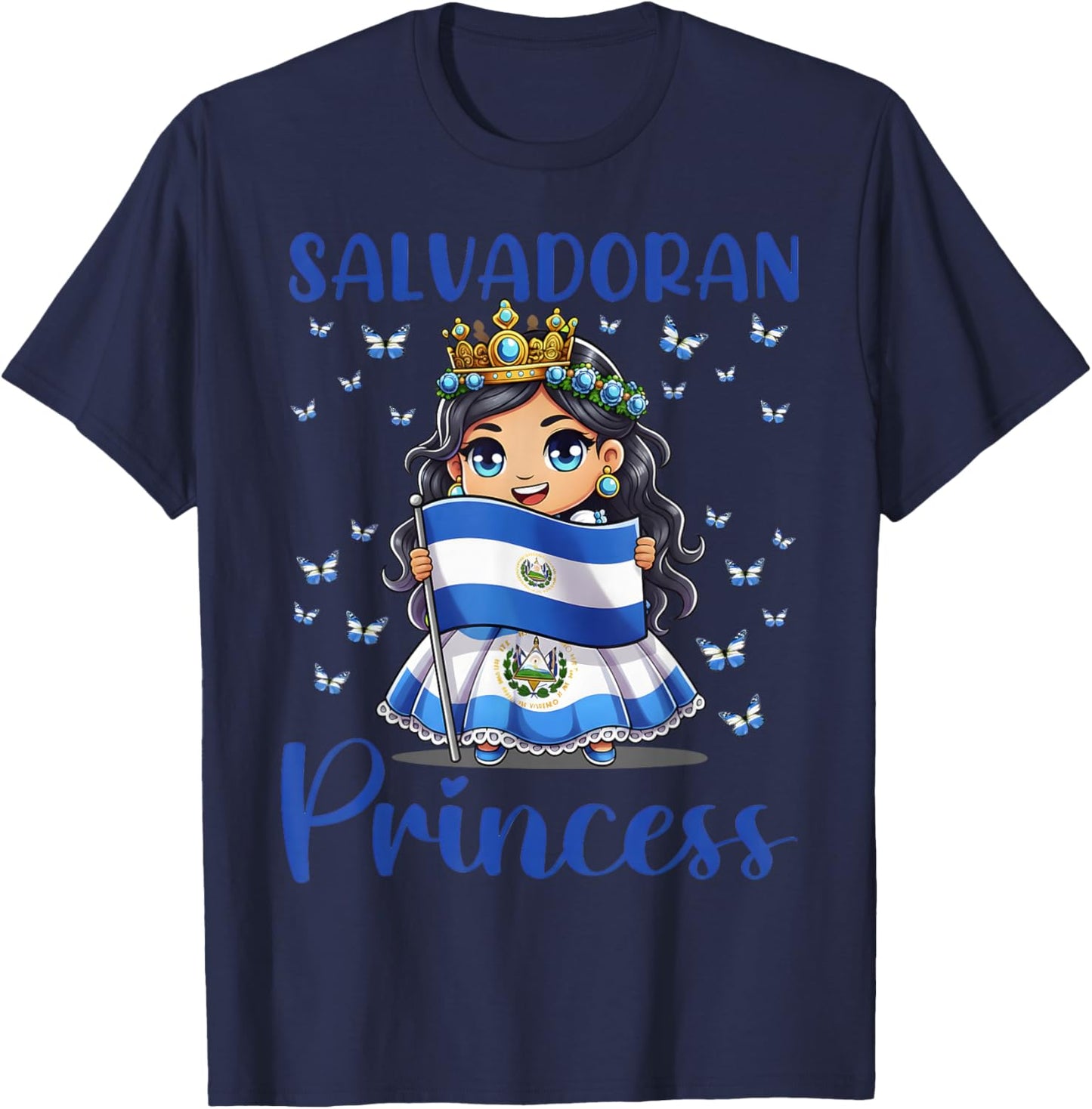 Salvadoran Princess Flag Butterfly Cute Chibi T-Shirt - T-Shirt | Navy
