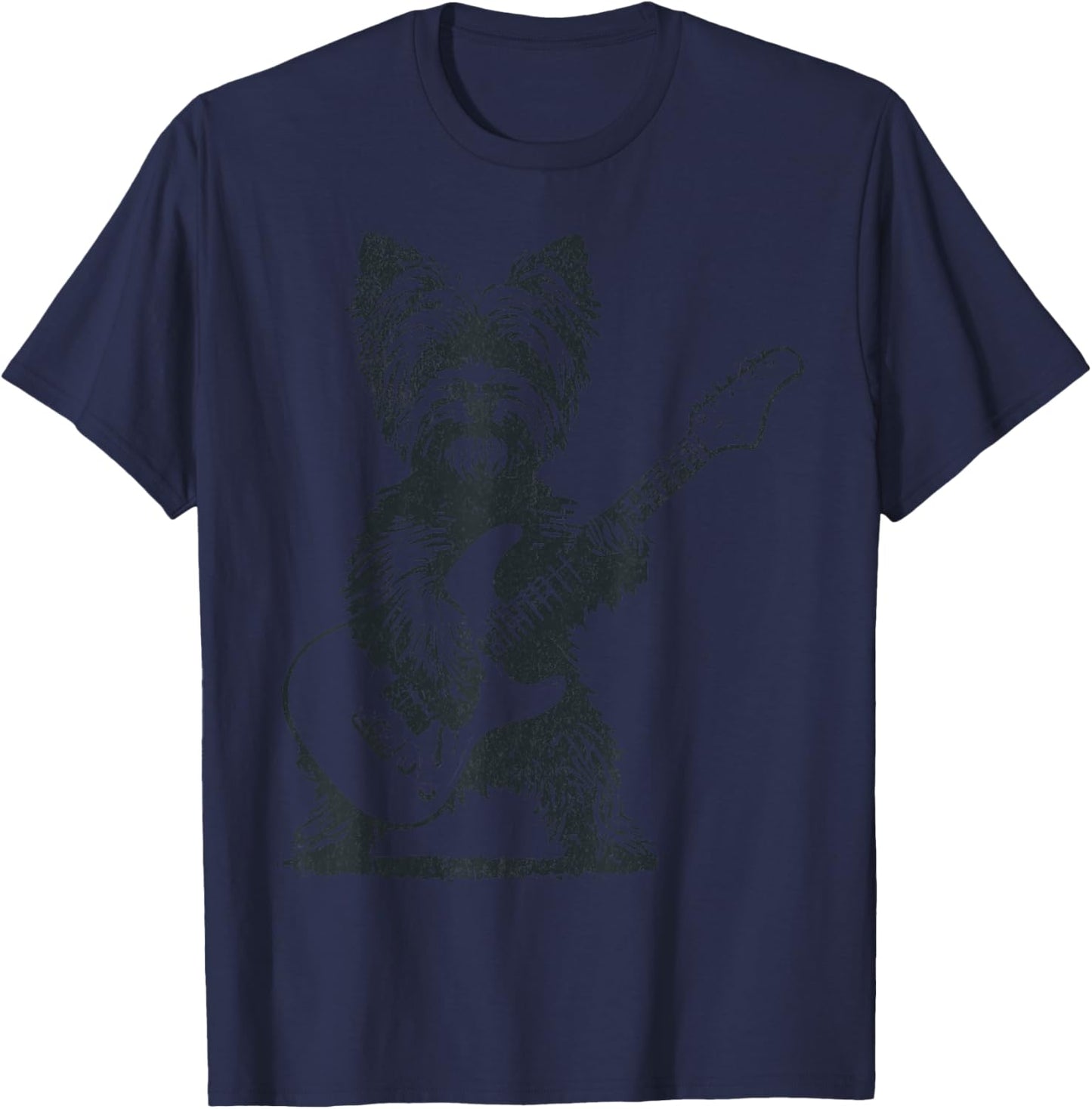 Vintage Yorkie Rock Dog Playing Guitar Funny Music Art T-Shirt - T-Shirt | Navy