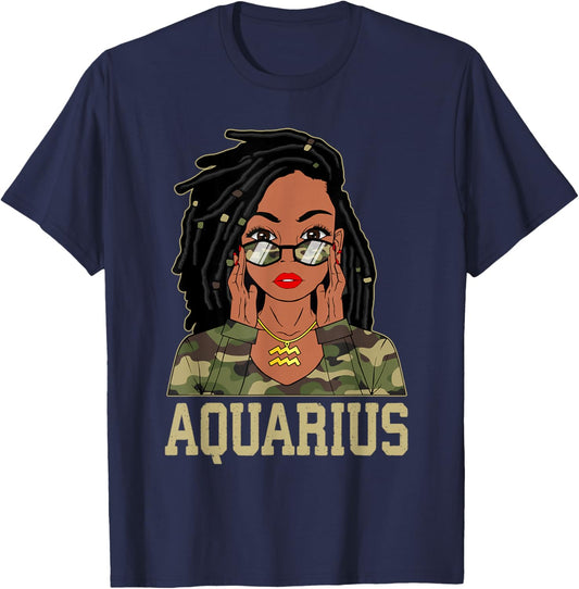Aquarius Loc'd Hair Sassy Black Woman Camo Melanin Girl T-Shirt - T-Shirt | Navy