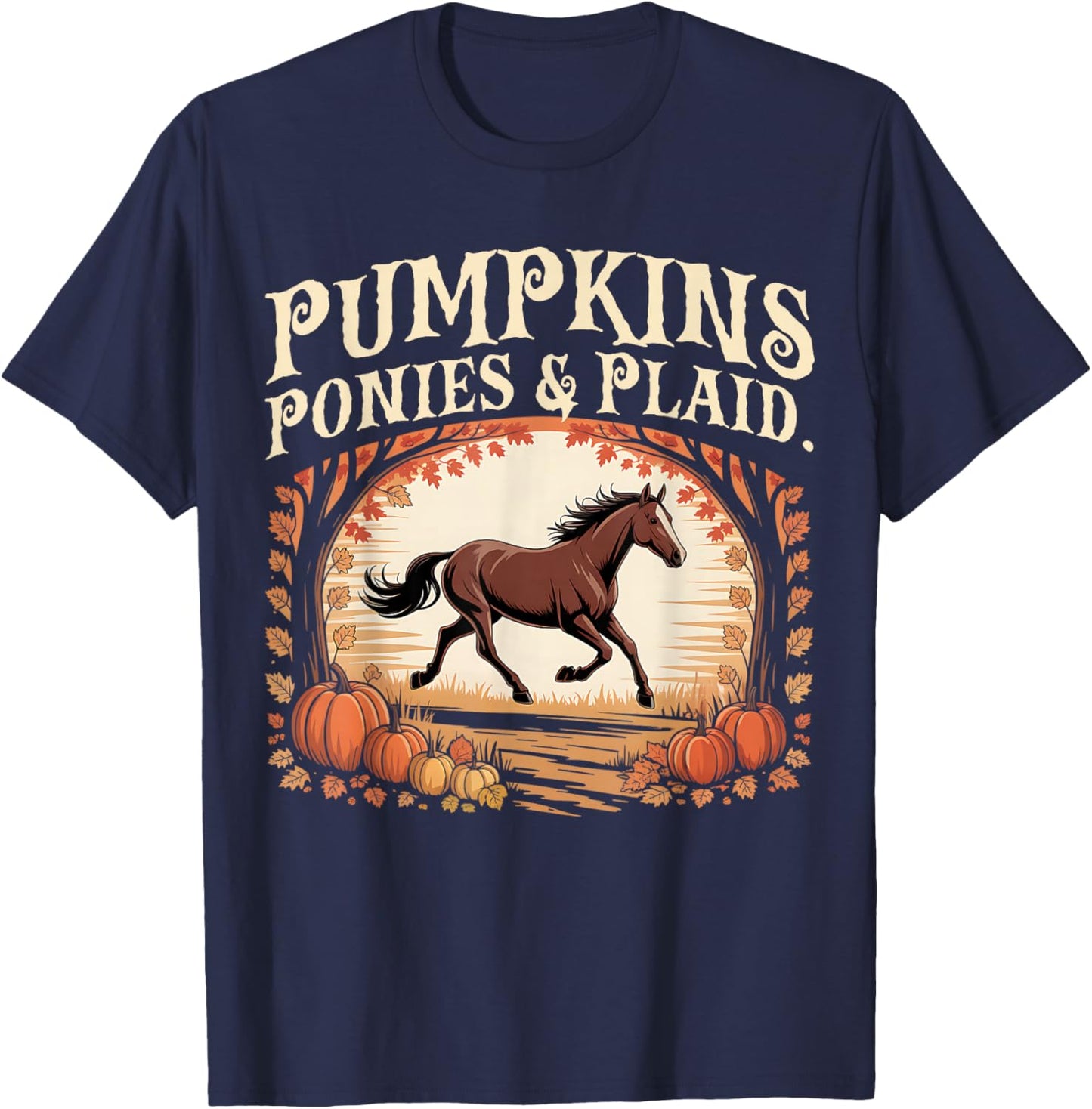 Retro Pumpkins Ponies & Plaid T-Shirt - T-Shirt | Navy