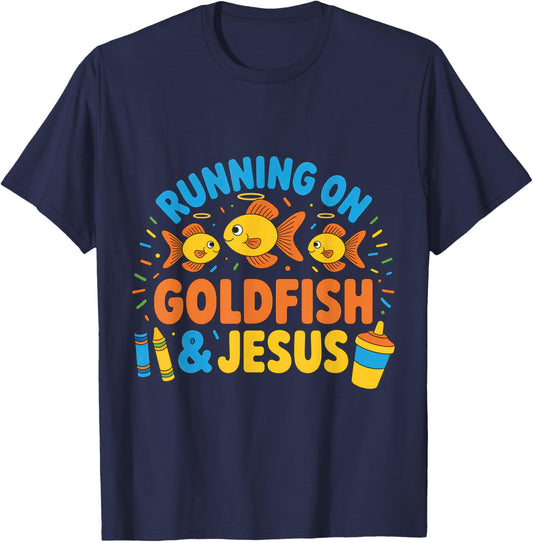 Running on Goldfish and Jesus Funny Christian Mom Life Kids T-Shirt - T-Shirt | Navy