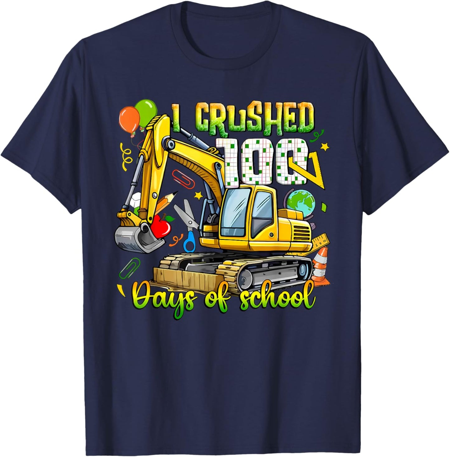 I Crushed 100 Days of School Excavator Kids Boys T-Shirt - T-Shirt | Navy