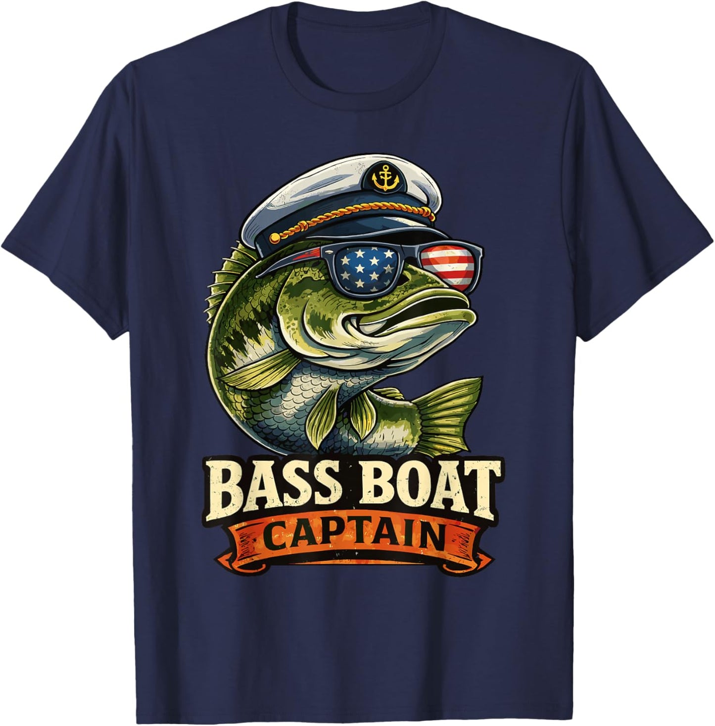 Funny Bass Boat Captain Patriotic American Flag Fishing T-Shirt - T-Shirt | Navy