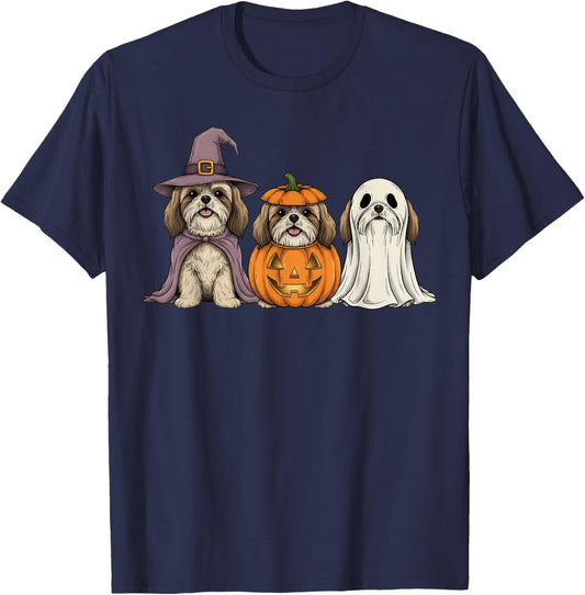 Spooky Ghost Shih Tzu Pumpkin Halloween Dog Lover T-Shirt - T-Shirt | Navy