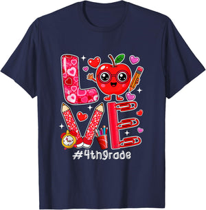 Love 4th Grade Cute Hearts Valentine's Day Students Teacher T-Shirt - T-Shirt | Navy
