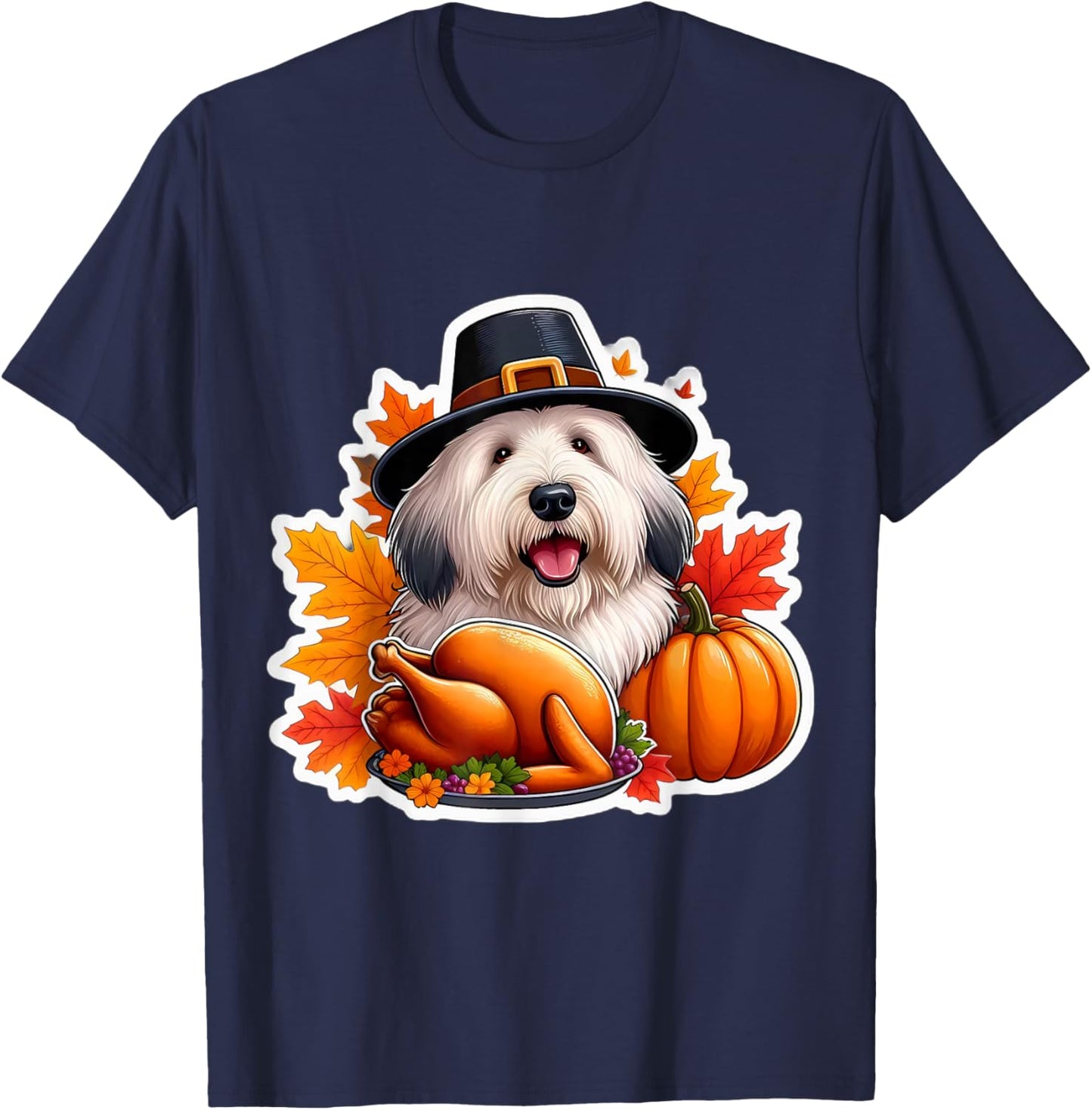 Thanksgiving Old English Sheepdog Dog Owner Lover Funny Cute T-Shirt - T-Shirt | Navy