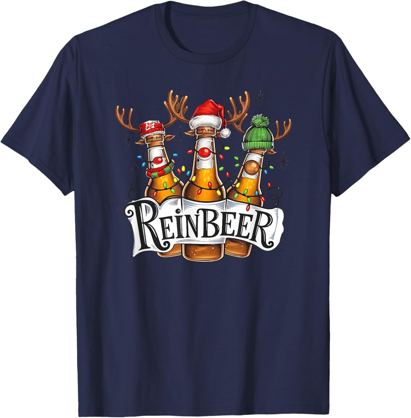 Reinbeer Beer Bottles Wearing Deer Hat Christmas Drinking T-Shirt - T-Shirt | Navy